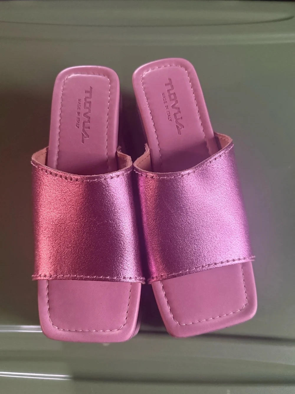 Novus Pink Leather Metallic Platform Slide Sandals